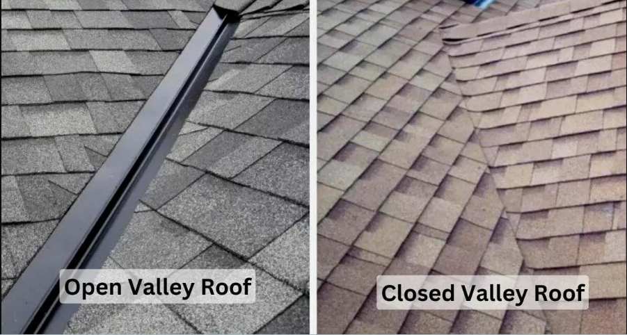 Comparison of a neglected roof valley and a professionally maintained roof valley in Braselton.
