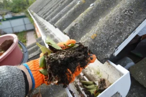 Professional gutter cleaning service removing spring debris from residential gutters in Greater Atlanta, GA