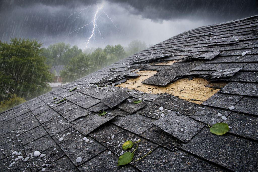 Homeowner photographing hail and storm roof damage for insurance documentation at Greater Atlanta, GA property