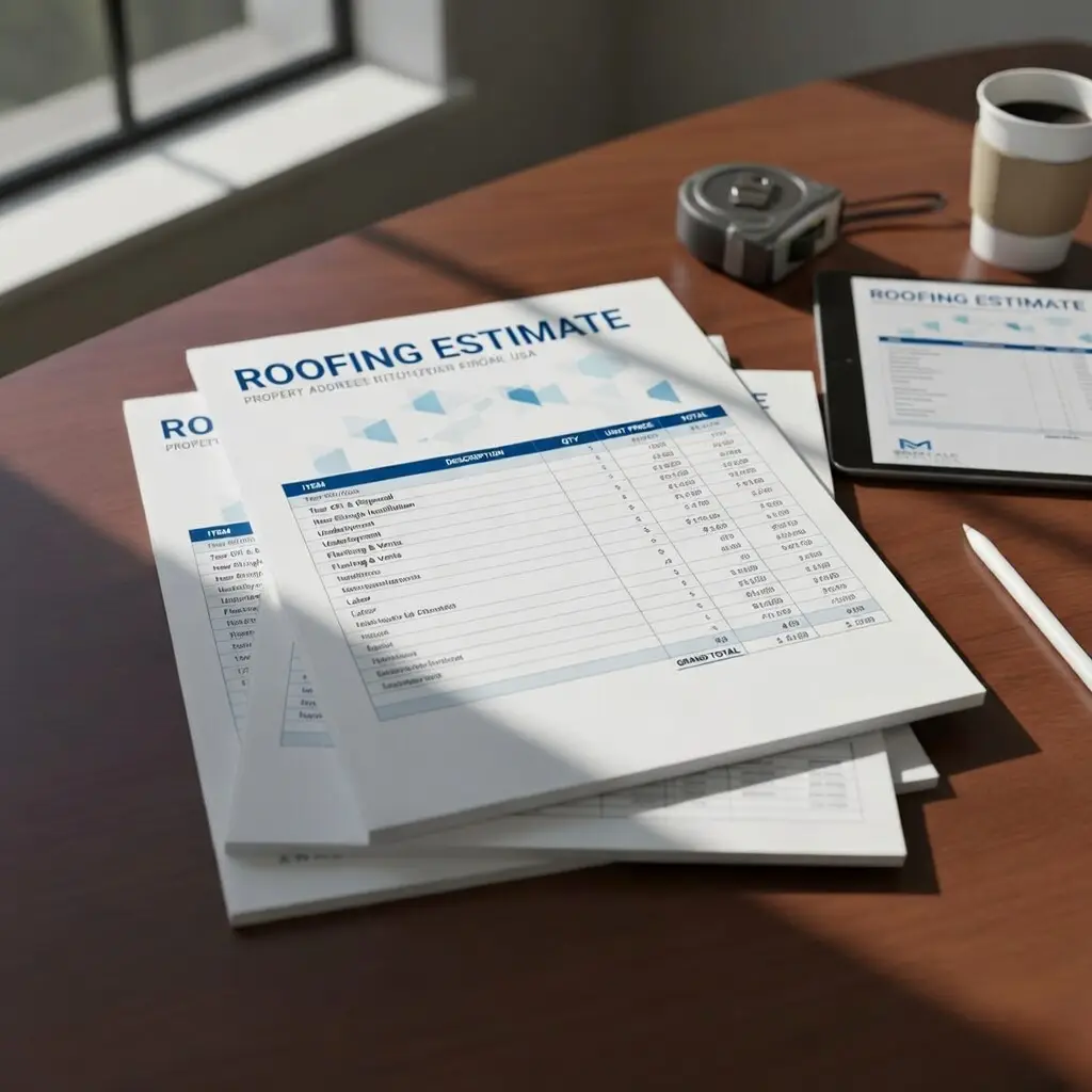 Roofing contractor reviewing a detailed roof replacement estimate with a homeowner